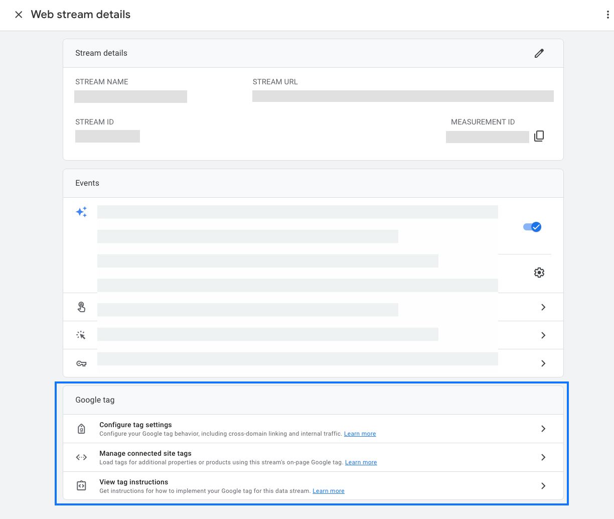The Web stream details panel shows the Google tag ID and installation instructions needed to connect your website to Analytics.