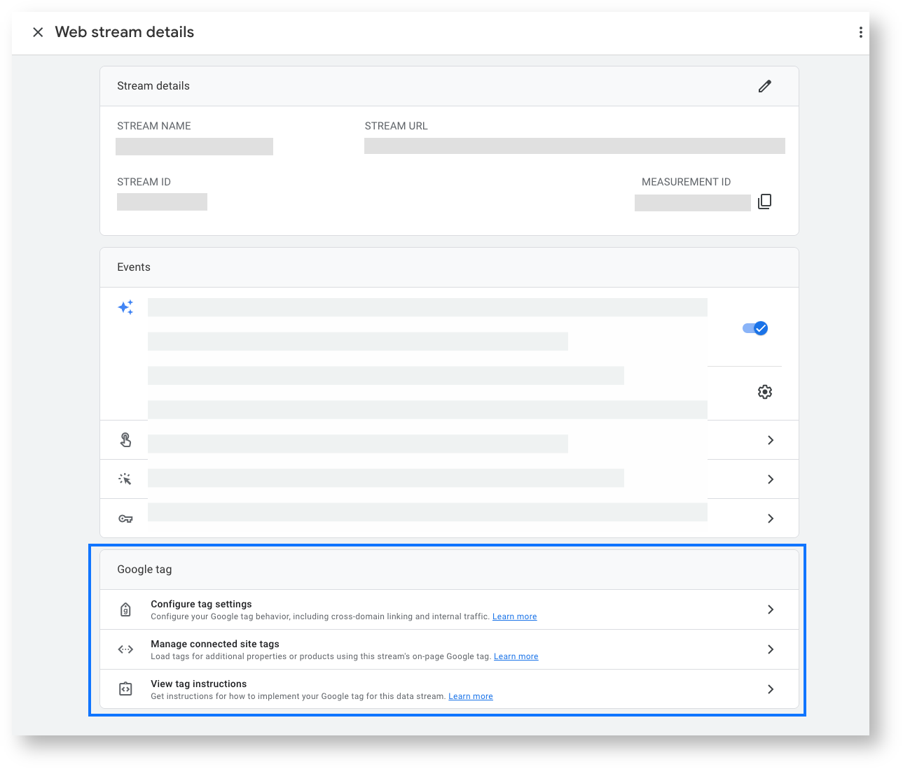 The Web stream details panel shows the Google tag ID and installation instructions needed to connect your website to Analytics.